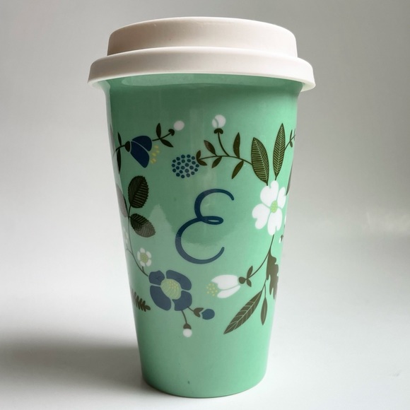 Travel Cup Tall Monogram E Green White Blue Silicone Lid Porcelain Coffee Floral - Picture 16 of 16
